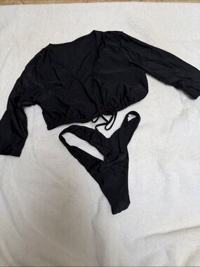 Black Two-Piece Swim Set - Long Sleeve Cover & High-Cut Bottoms